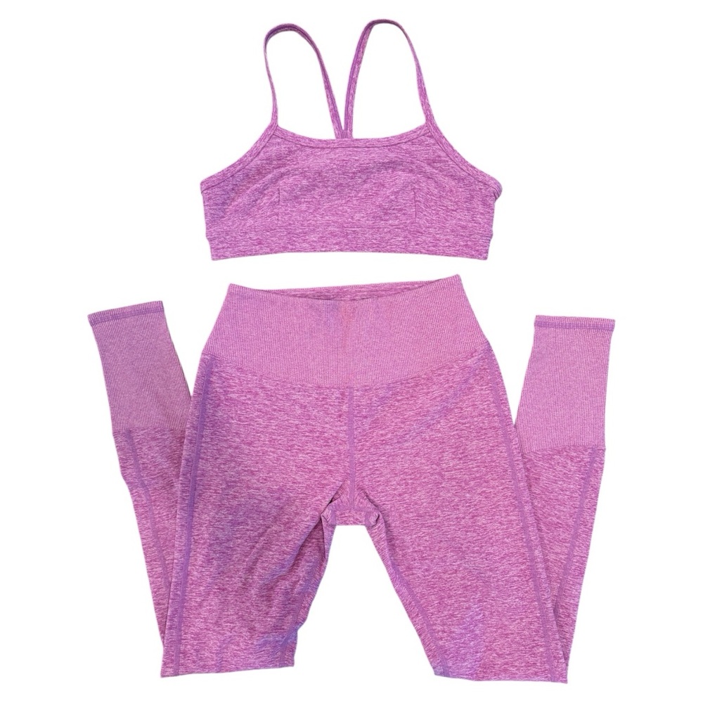 ALO Yoga Electric Violet Heather Sports Bra and Leggings Set